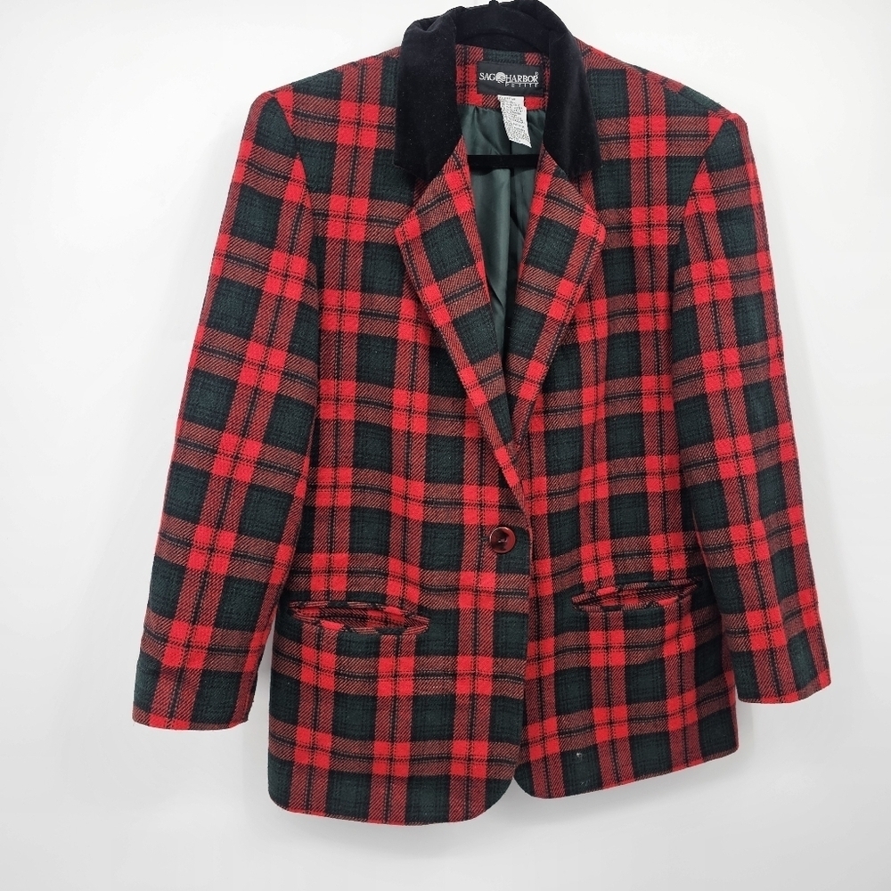 Sag Harbor Petite Red Plaid Wool Blend Blazer Velvet Collar Size 8